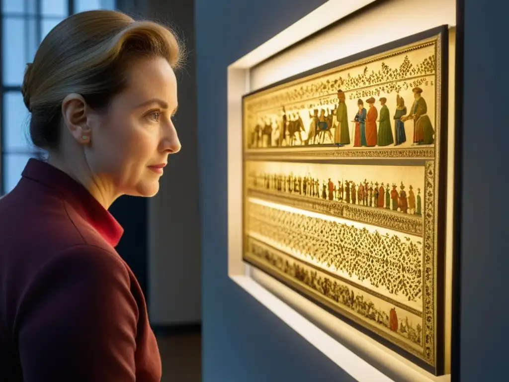 Un conservador examina detenidamente una obra de arte bajo luz especializada, destacando las técnicas de preservación en la colección de arte y artesanía