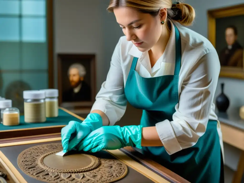 Un conservador limpiando una obra de arte con técnicas de preservación de colecciones de arte y artesanía, mostrando profesionalismo y expertise