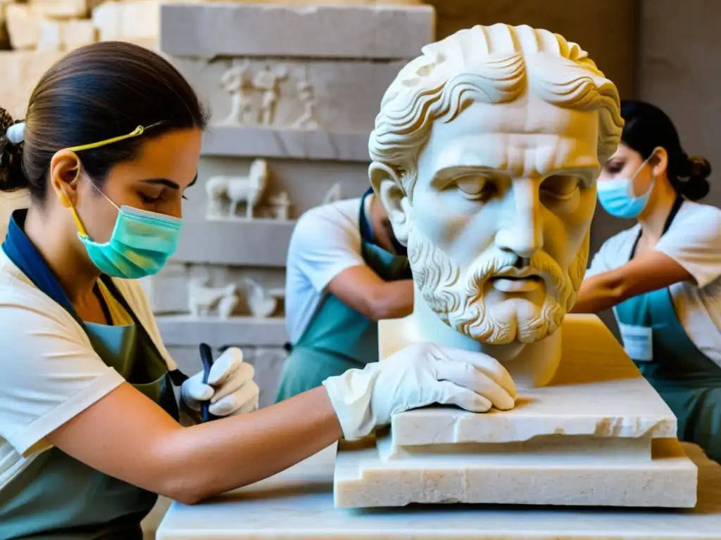 Conservadores restaurando esculturas antiguas en la Acrópolis de Atenas, con el Parthenon al fondo