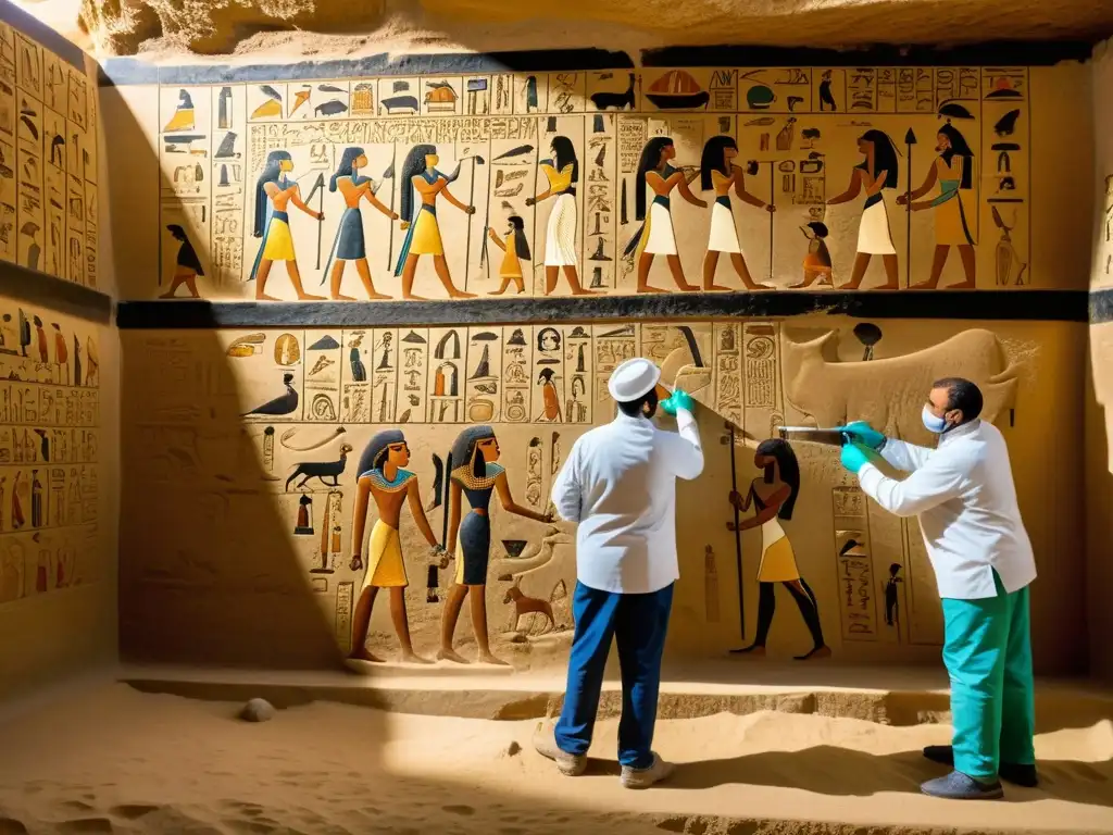 Conservadores restaurando jeroglíficos en una tumba egipcia, revelando secretos Egipto antiguo tradiciones culturales en detalle asombroso