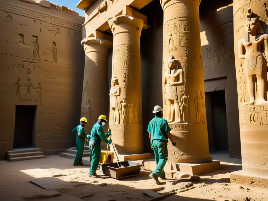 Conservadores restaurando un templo en Luxor, dedicación y precisión en la preservación