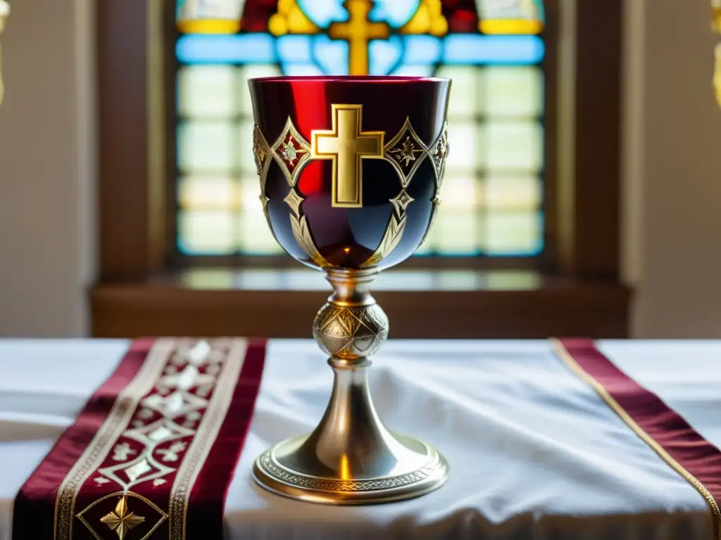 Una copa de plata ornamentada llena de vino tinto, sobre un mantel bordado con cruces doradas