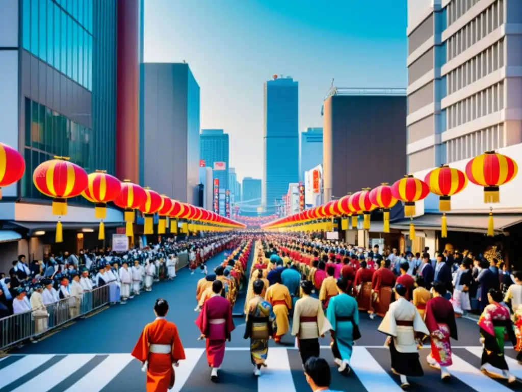 En el corazón de una bulliciosa ciudad japonesa, un festival Matsuri tradicional evoluciona entre la modernidad y la tradición