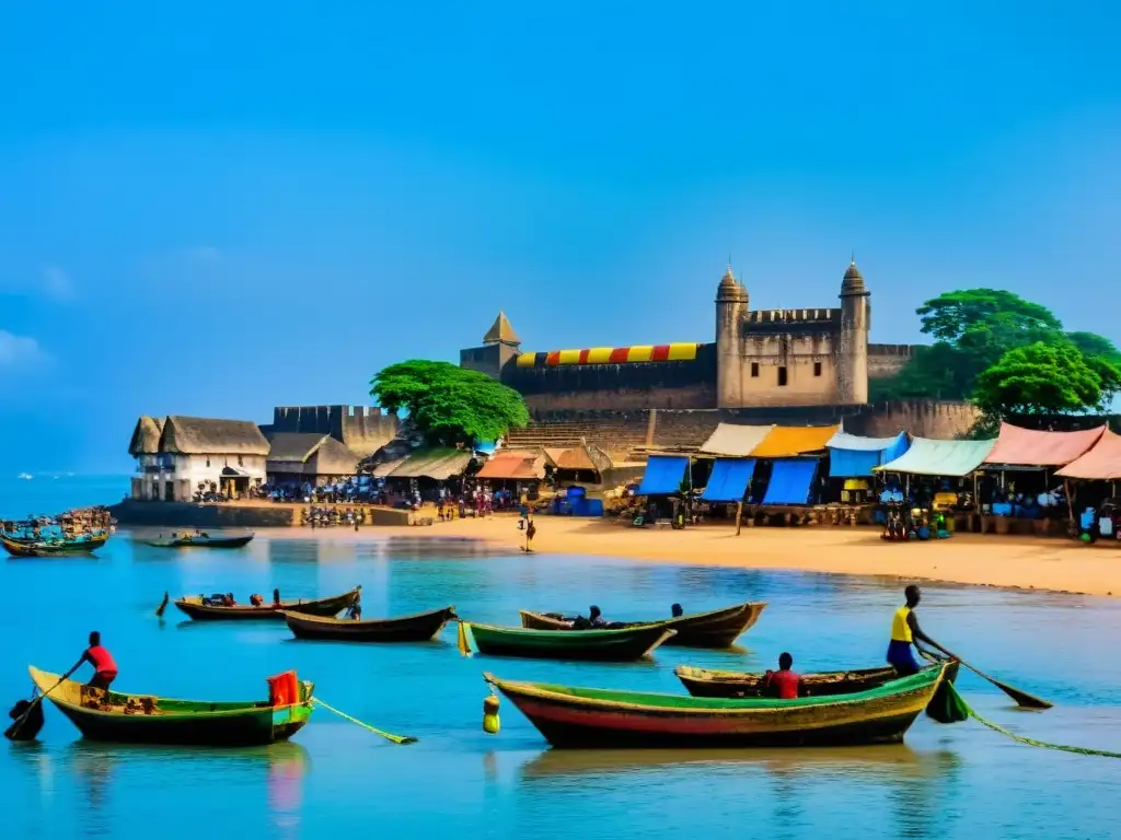 En la costa bulliciosa de Elmina, Ghana, se alinean vibrantes botes pesqueros con edificios coloniales de fondo