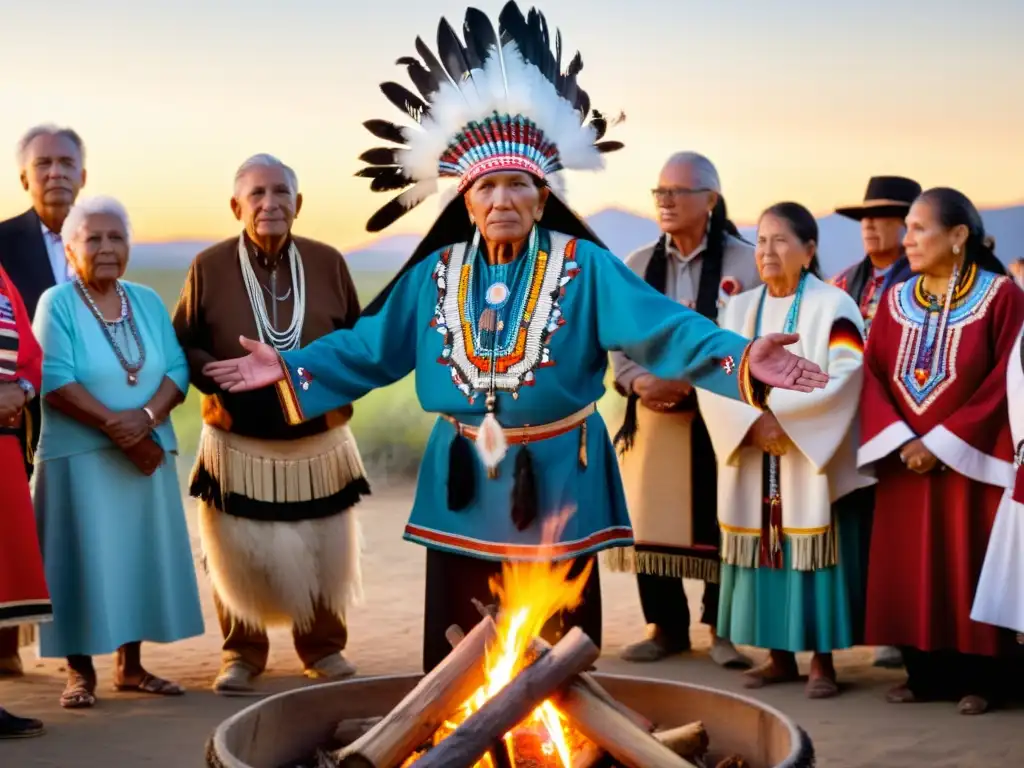 Costumbres ancestrales de pueblos nativos americanos: ceremonia alrededor de fogata con danza y oración bajo el cielo estrellado