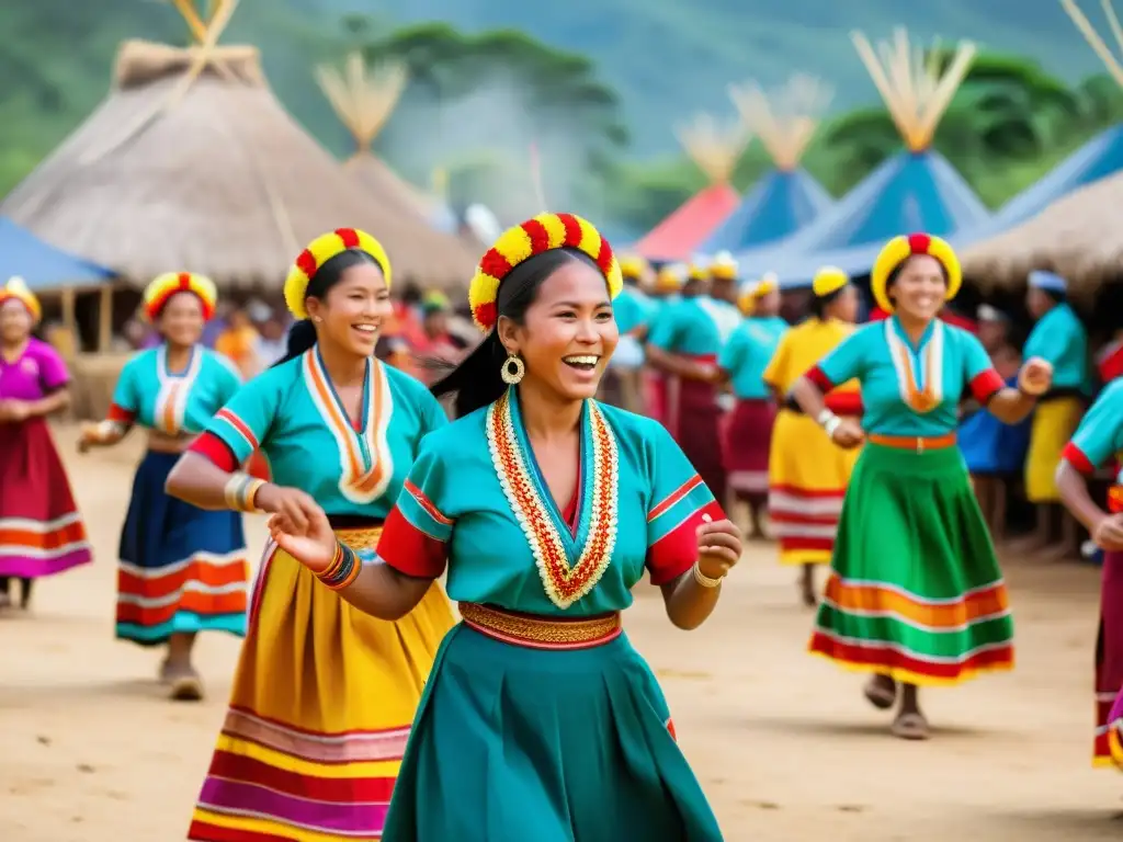 Exploración y celebración de las costumbres y festivales tradicionales de las comunidades nativas de América, con vibrante colorido y alegría festiva