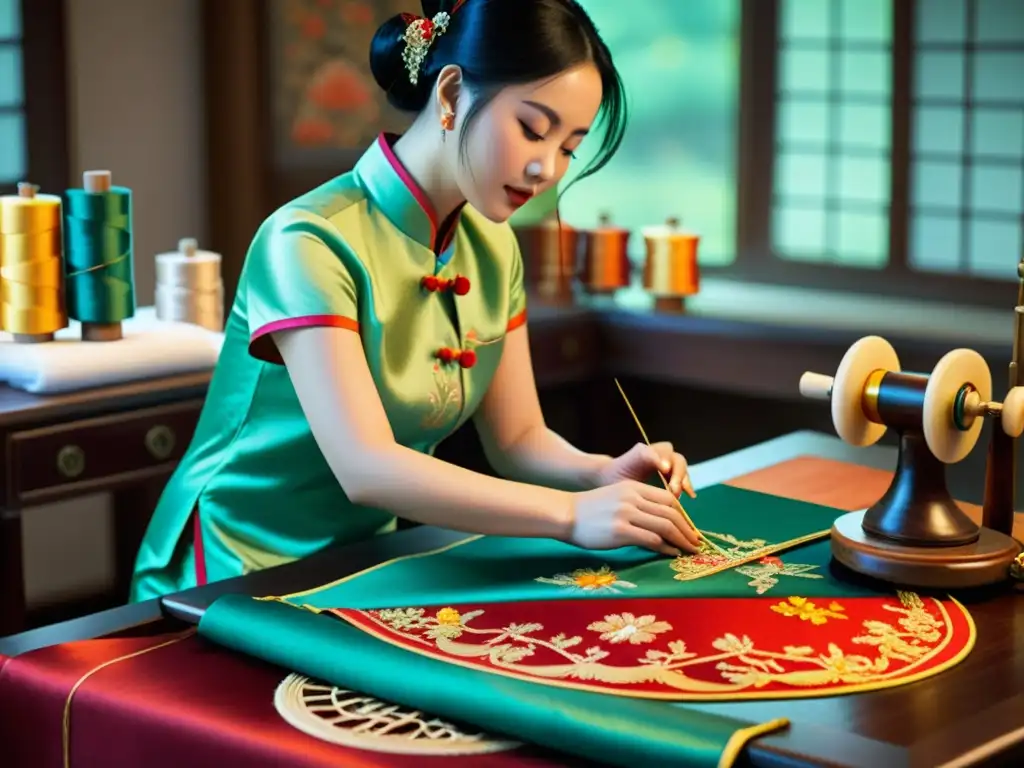 Una costurera china crea un Cheongsam con bordados detallados y telas vibrantes