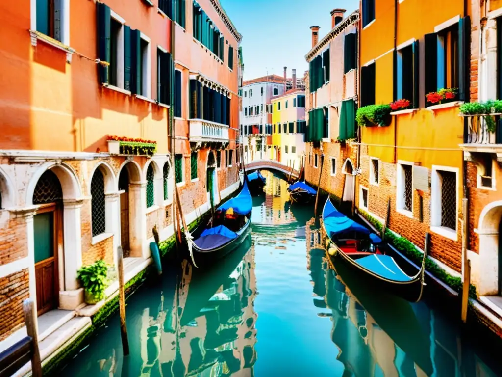 Cotidianidad en la Venecia local: canal sereno con edificios antiguos, góndolas y vecinos en la cálida luz del atardecer