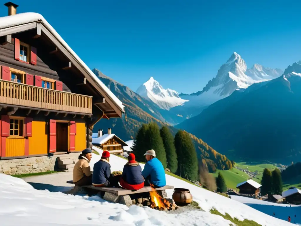 Tradición y cultura alpina en montañas: Pintoresco pueblo alpino con chalets de madera, chimeneas humeantes y gente disfrutando de la vida alpina