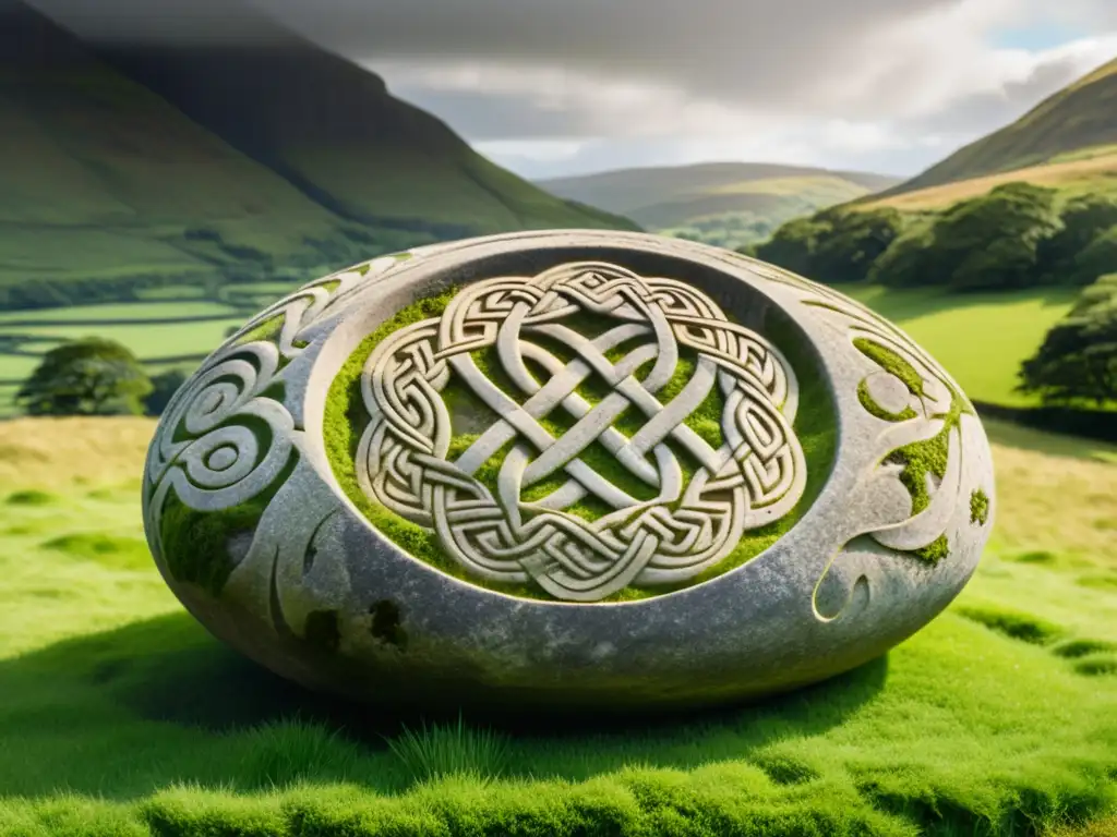 Descubriendo la cultura celta en Irlanda: detallado diseño celta tallado en piedra, en un paisaje verde y montañoso, bañado por la cálida luz del sol