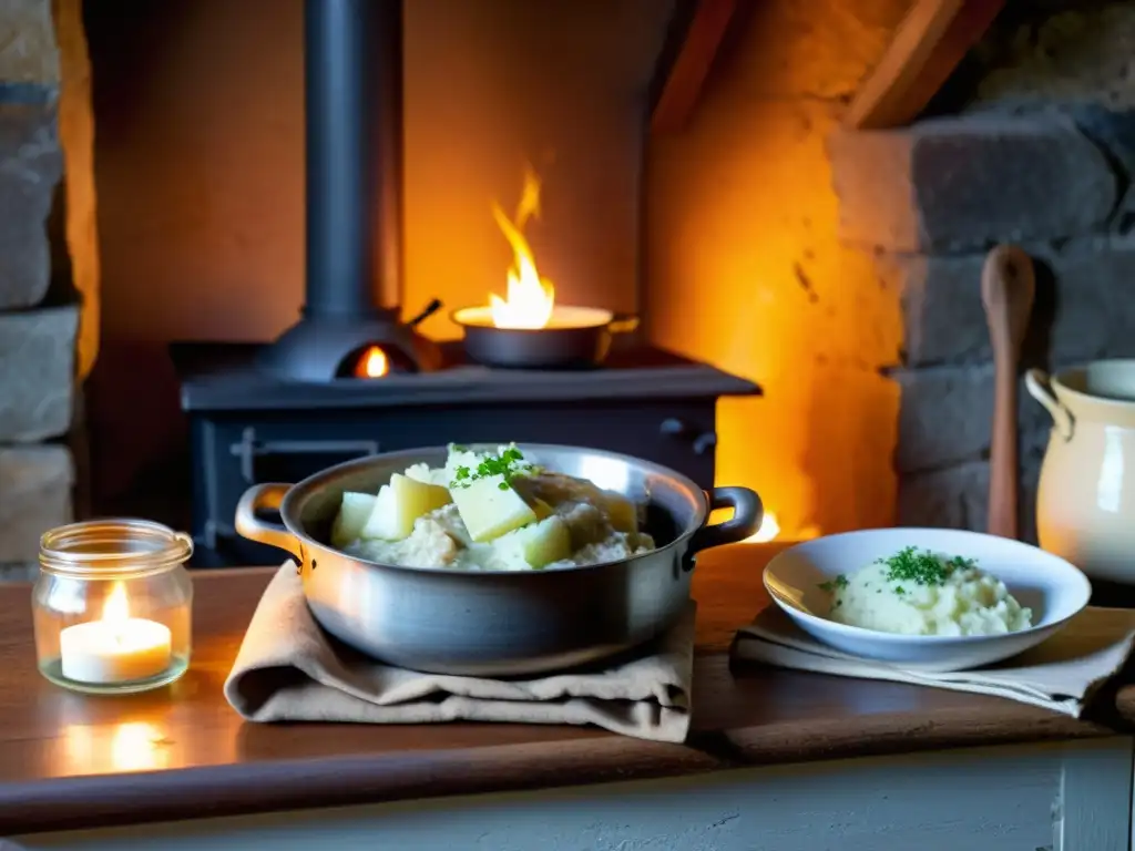 Descubriendo la cultura celta en Irlanda: Cocina rústica con platos tradicionales, velas y símbolos celtas