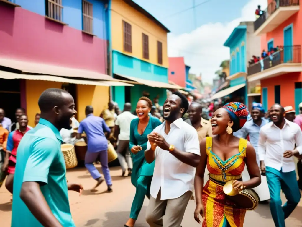 Interacción cultural franco-africana en música: Escena animada en una ciudad africana, con músicos locales, danzas y mercados coloridos