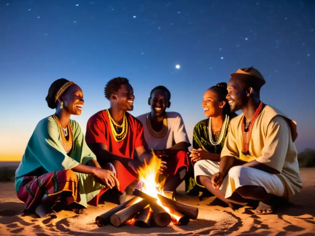 Interacción cultural franco-africana en música: Músicos africanos tocan instrumentos tradicionales alrededor de una fogata, bajo el resplandor de las estrellas