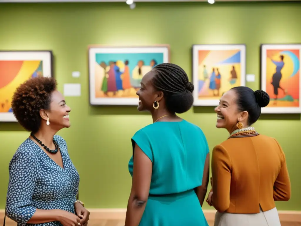 Inclusión cultural a través de galerías: Grupo diverso disfruta y comparte en una galería de arte étnico, rodeado de color y diversidad cultural