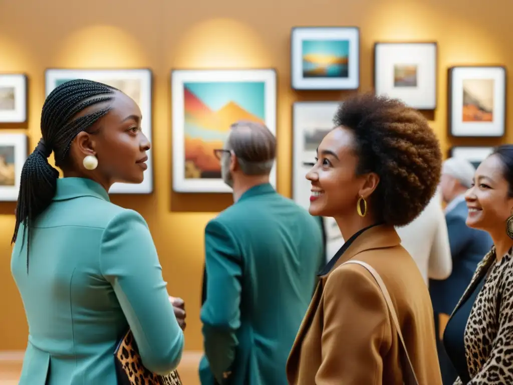 Inclusión cultural a través de galerías: Grupo diverso disfruta y discute arte étnico en una galería, bajo cálida luz natural