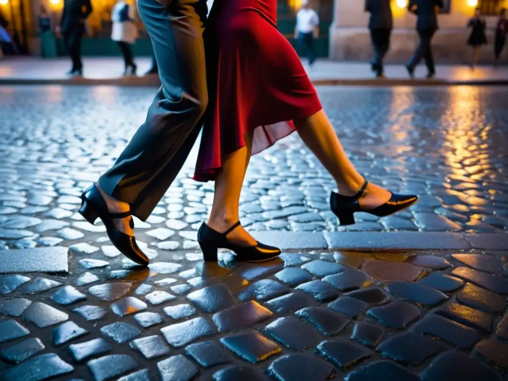 La pasión cultural de Buenos Aires cobra vida en la imagen de los bailarines de tango moviéndose en sincronía sobre las adoquinadas calles