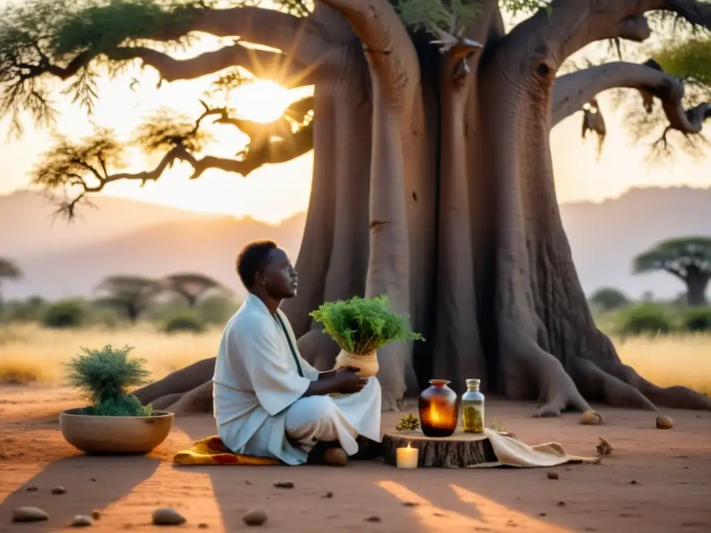 Un curandero africano realiza un ritual bajo un baobab al atardecer, con influencia de medicina tradicional africana y occidental