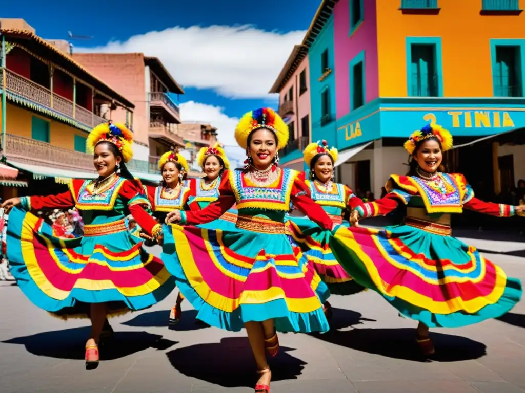 Danza de los Tinkus en Bolivia: Grupo de bailarines bolivianos con trajes coloridos realizan la danza tradicional Tinku en las calles de La Paz, con una atmósfera llena de energía y pasión