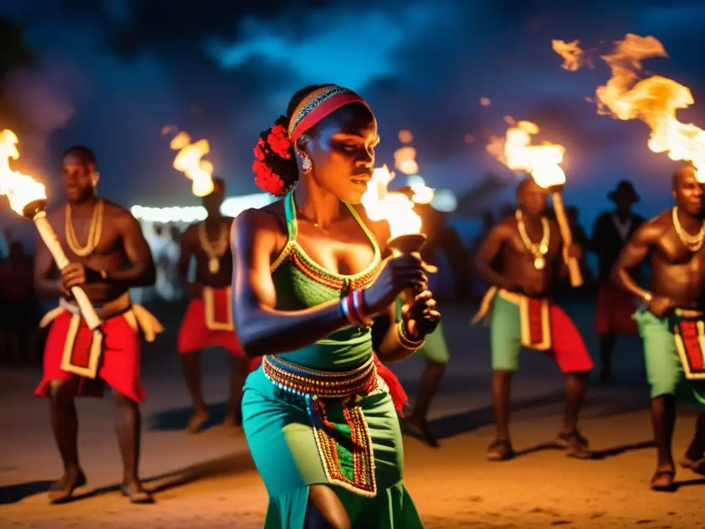 Danza del Vudú en Haití: Bailarines haitianos ejecutan una danza vibrante y enérgica, iluminados por antorchas en la oscuridad de la noche