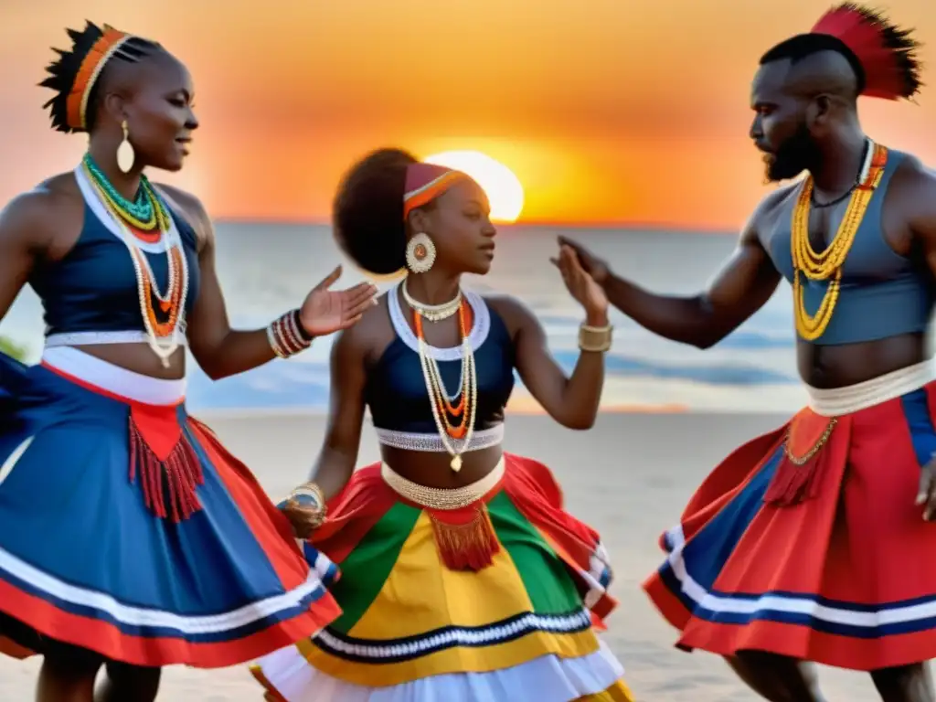 Danza del Vudú en Haití: Bailarines haitianos en trajes tradicionales realizan una danza ritual al atardecer, emanando poder y conexión espiritual