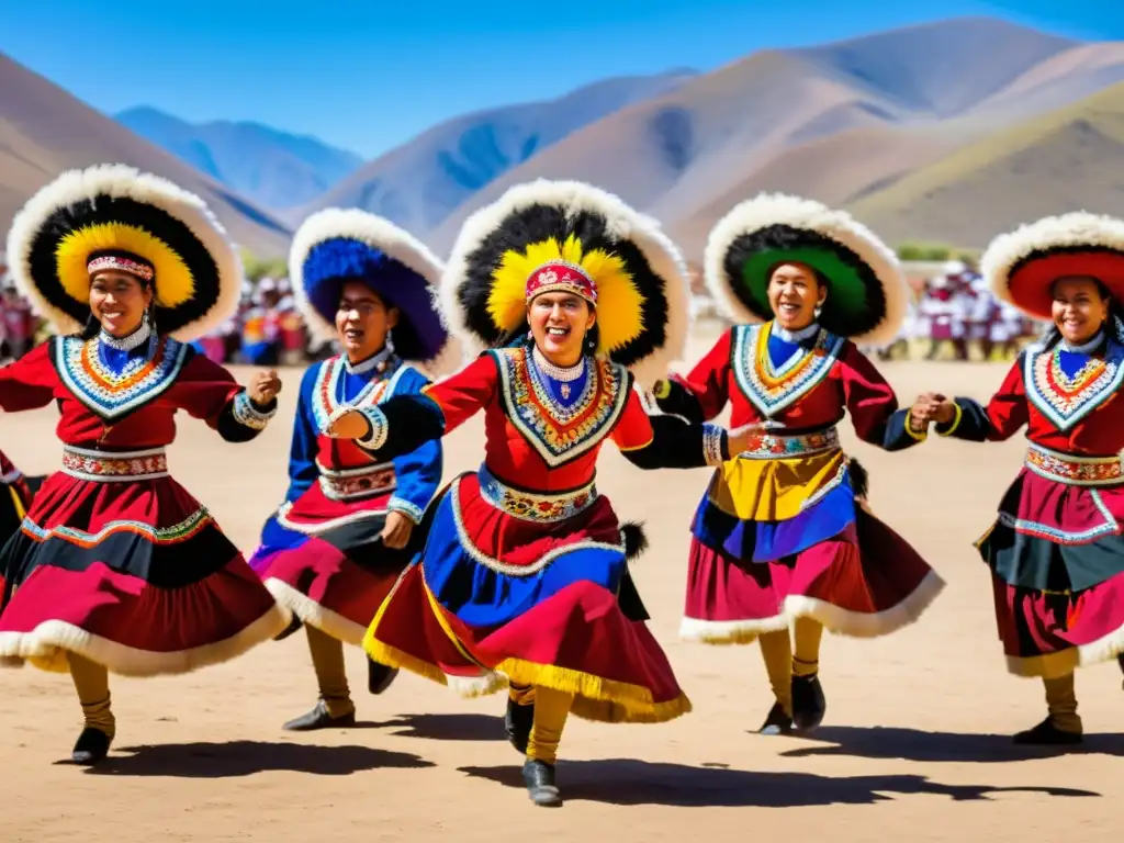 Danza de los Tinkus en Bolivia: Grupo de bailarines Tinkus con trajes vibrantes y expresiones fieras, bailando en círculo con energía y vitalidad