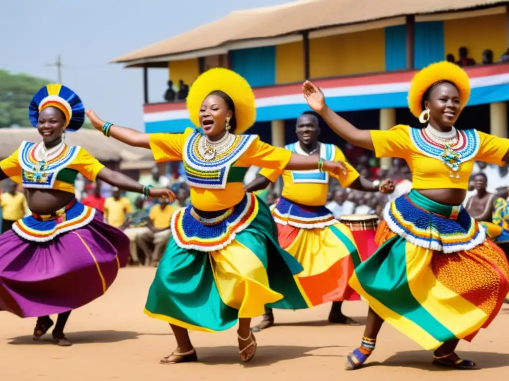 Danza en las Celebraciones Tradicionales: Coloridos bailarines togoleses en vibrante actuación festiva