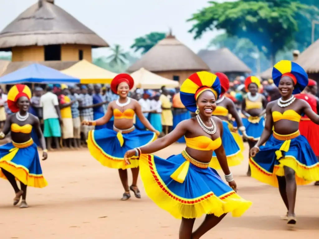 Danza en las Celebraciones Tradicionales: Grupo de bailarines togoleses con trajes coloridos realizando una danza festiva en una plaza animada