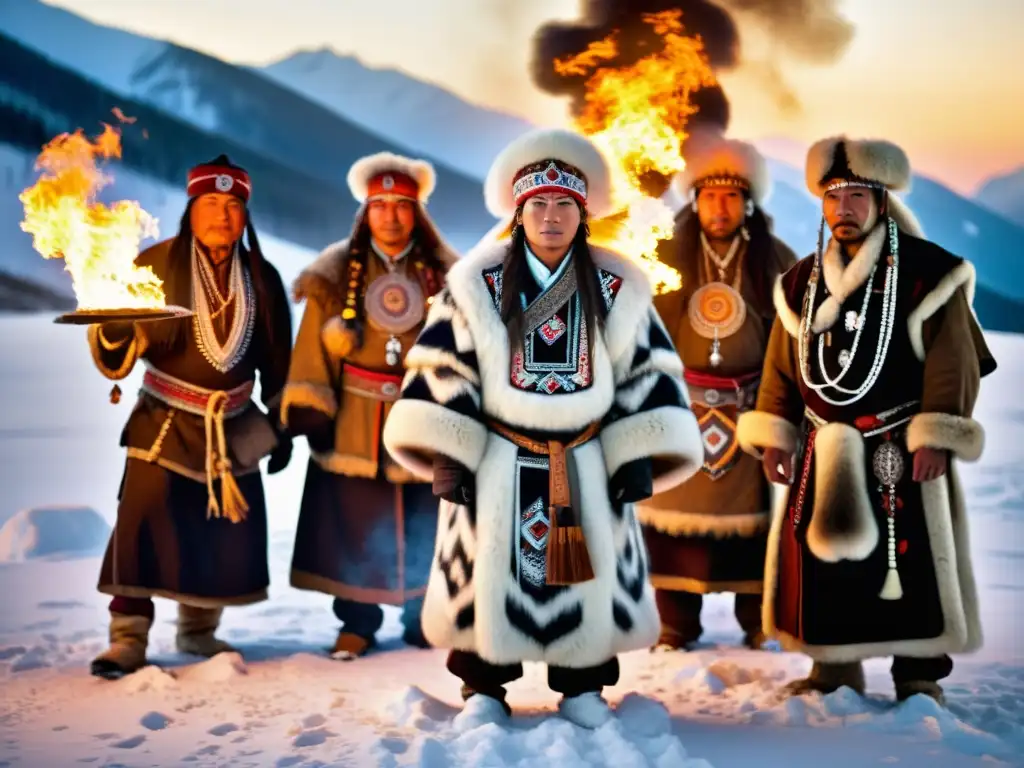 Danza de chamanes en Siberia: Ritual espiritual de chamanes siberianos danzando alrededor de una fogata en la nieve