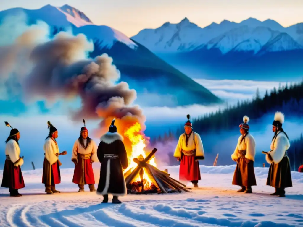 Danza de chamanes en Siberia: Ritual espiritual con fuego y danzas coloridas en la nieve, conectando con lo místico