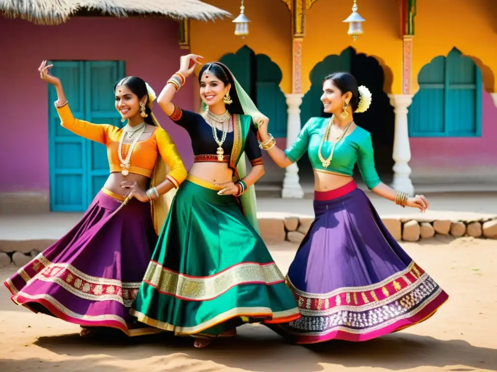 Danza Ghagra Choli en India rural: mujeres bailando con gracia en atuendos vibrantes, joyas tradicionales y fondo campestre al atardecer