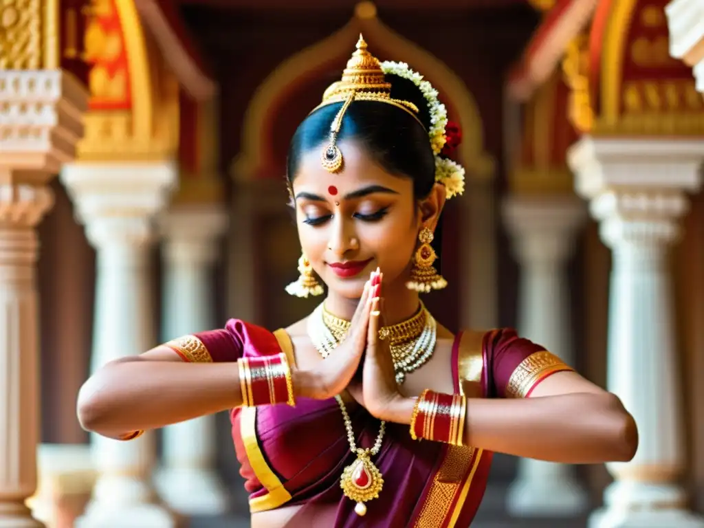 Evolución de la danza clásica india: Bailarina de Bharatanatyam en traje tradicional, gestos expresivos y templo de fondo