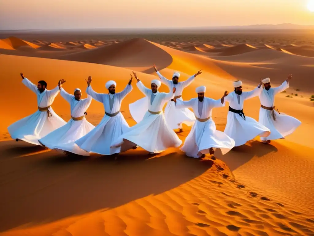 Danza de los derviches en el Sahara: Grupo de derviches gira en círculo en el desierto al atardecer, con túnicas blancas ondeando en el viento