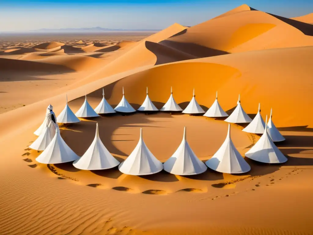 Danza de los derviches en el Sahara: Grupo de derviches girando en el desierto, con túnicas blancas ondeando bajo el sol dorado