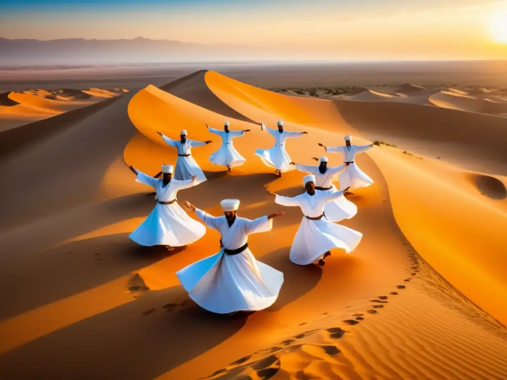 Danza de los derviches en el Sahara: Majestuosa danza espiritual en el desierto al atardecer