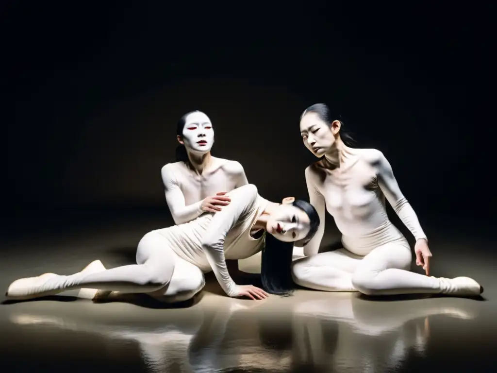Butoh: Danza de angustia y éxtasis en blanco Danza Butoh en la era contemporánea: Bailarines en trajes blancos contorsionan sus cuerpos, expresando angustia y éxtasis en un estudio tenue