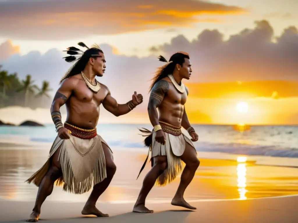 Danza del Guerrero en Micronesia: Guerreros realizan danza tradicional al atardecer en la playa, exhibiendo fuerza y honor