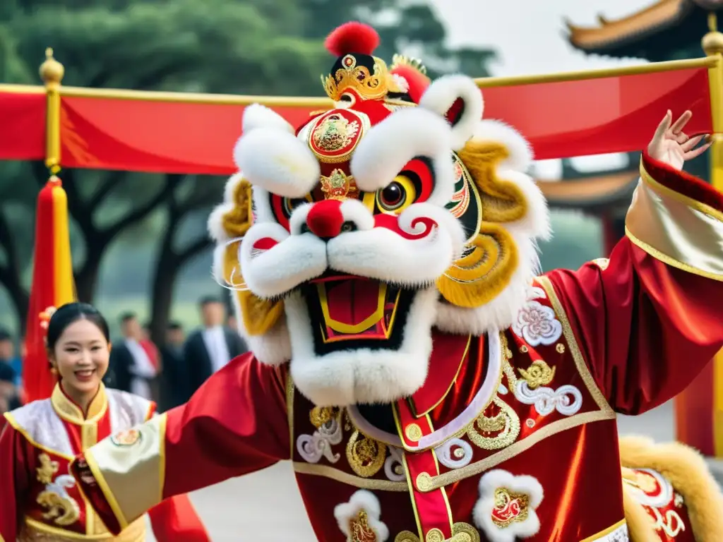 Una danza del león en un matrimonio chino, con trajes rojos y dorados, brillo de lentejuelas y bordados detallados, evocando energía y celebración