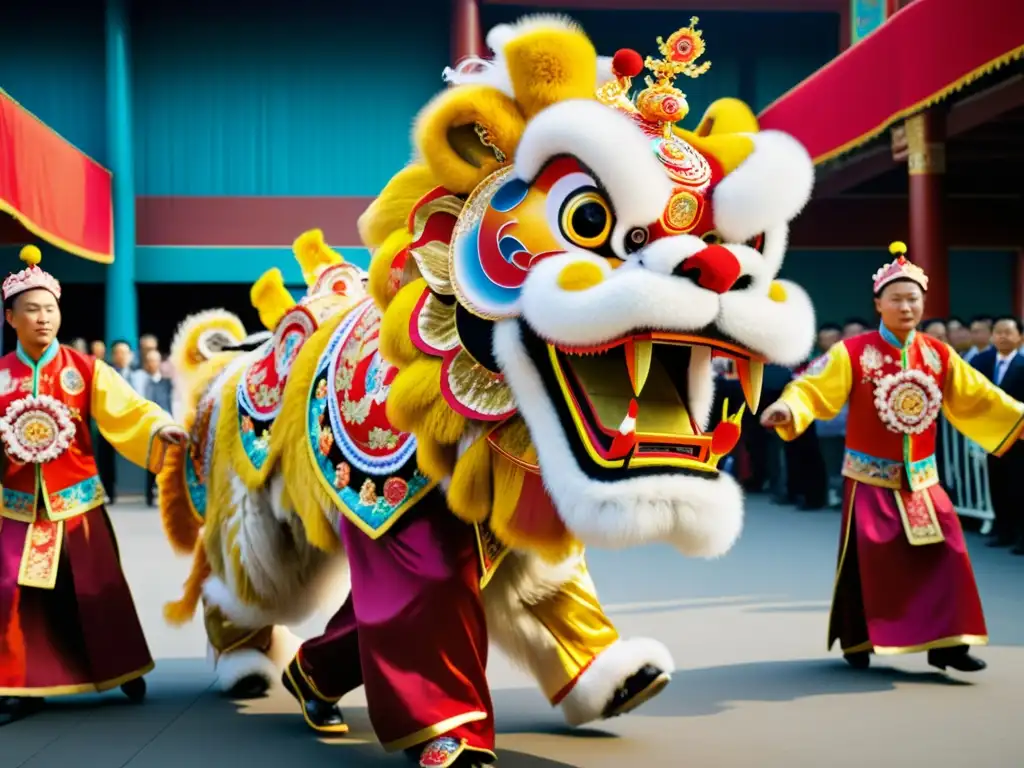 Danza del León en matrimonios chinos: Fotografía detallada de una colorida y dinámica danza con trajes tradicionales y decoración festiva