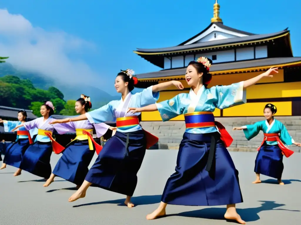 Danza moderna tradicional en el animado festival Kochi Yosakoi Matsuri, con vibrantes bailarines y el imponente Castillo de Kochi de fondo