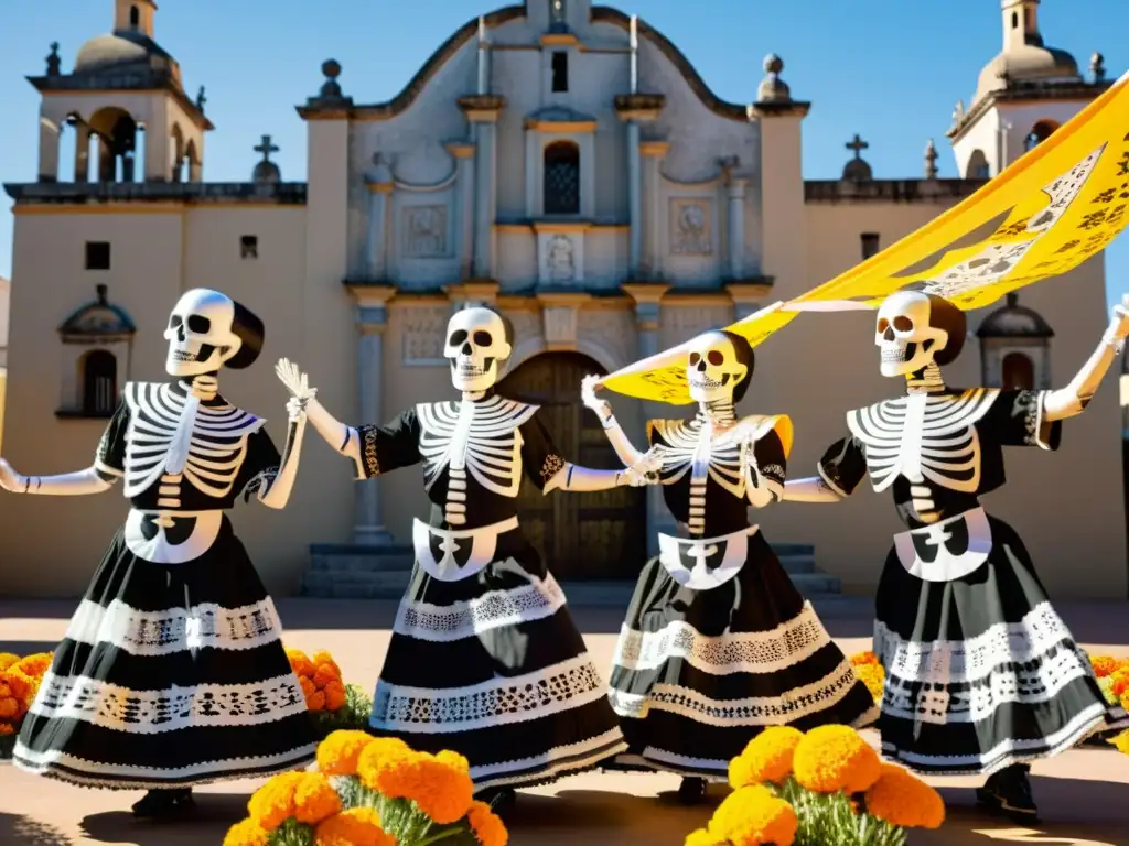 Baile de Catrinas en la Iglesia Histórica Danza de los Muertos en México: Grupo de bailarines tradicionales con trajes de esqueletos en un patio de iglesia histórica con flores y banderas