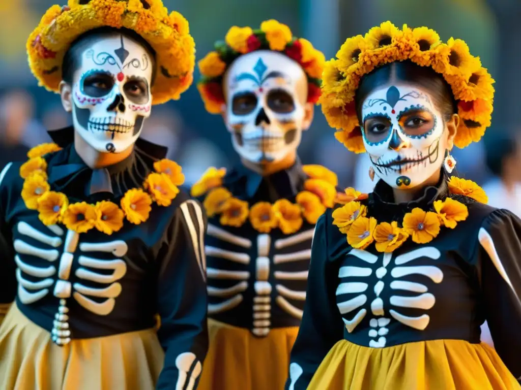 Danza de los Muertos: Celebración colorida y solemne Danza de los Muertos en México: Bailarines vestidos de esqueletos realizan la ancestral danza con solemnidad y gracia, mientras los pétalos de cempasúchil decoran el suelo