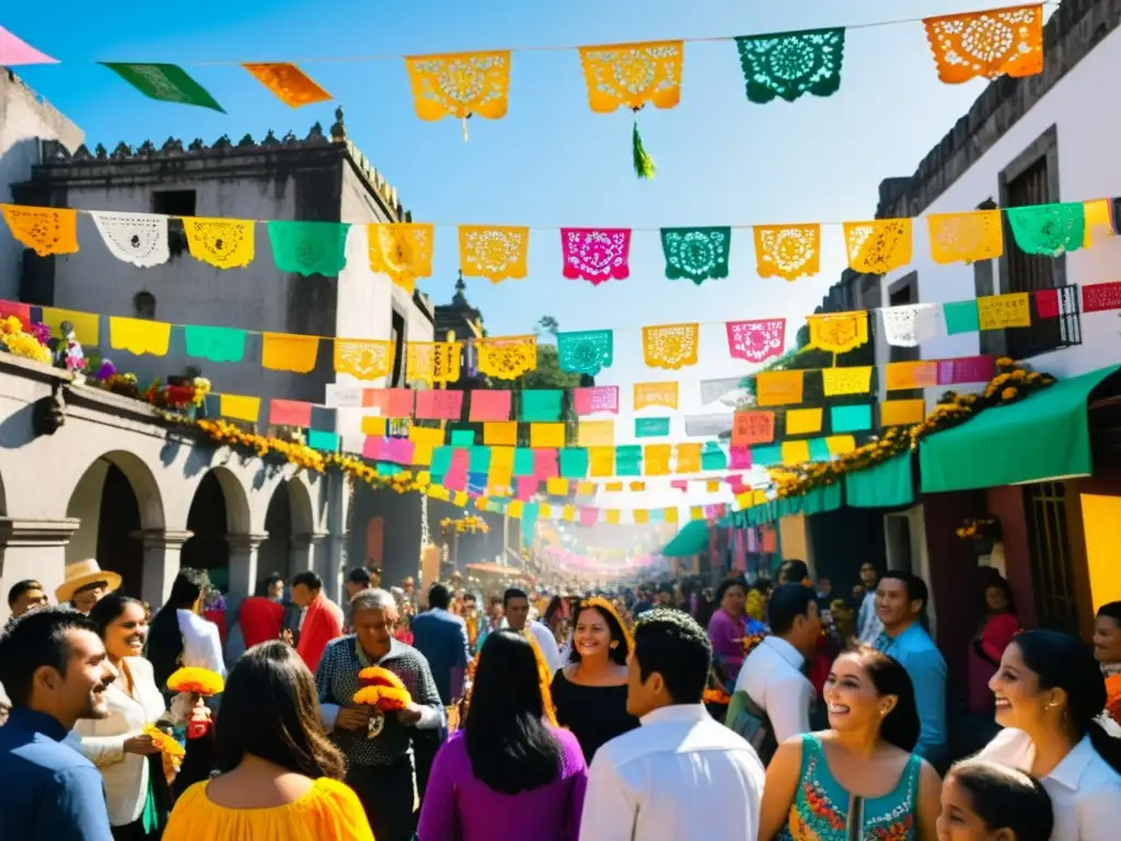 Día de Muertos en México: Calles vibrantes y coloridas Danza de los Muertos en México: Calles de México llenas de vida, decoradas con papel picado y gente preparando el Día de Muertos