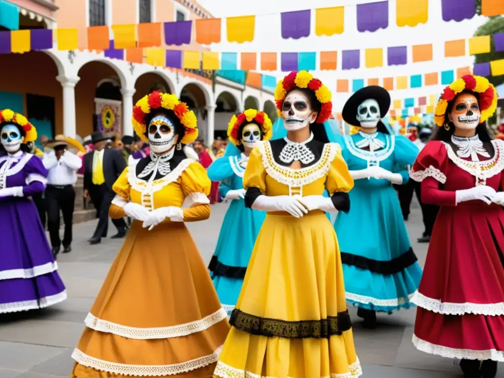 Danza de los Muertos: Tradición y Color en México Danza de los Muertos en México: Coloridos danzantes en celebración del Día de los Muertos, rodeados de papel picado y flores de cempasúchil