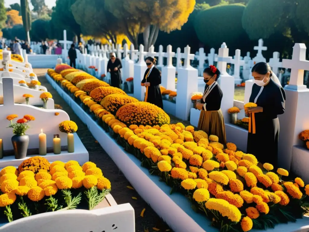 Día de los Muertos: Colorida tradición en cementerio mexicano Danza de los Muertos en México: Cementerio tradicional durante el Día de los Muertos, con coloridas ofrendas y familias celebrando