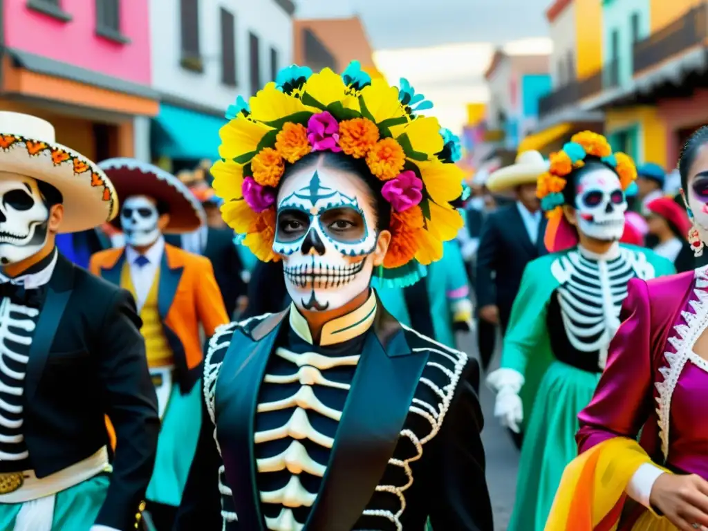 Procesión colorida del Día de los Muertos en México Danza de los Muertos en México: Fotografía vibrante y detallada de una procesión tradicional durante el festival del Día de los Muertos