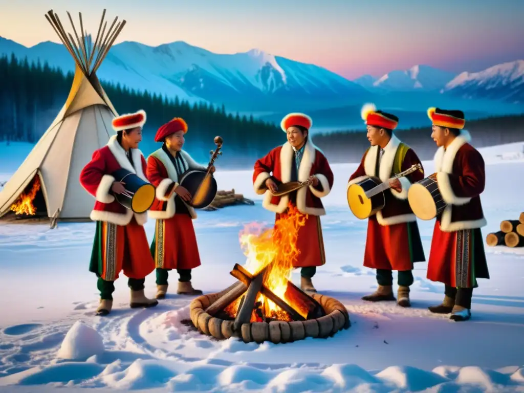 Danza y música alrededor de una fogata en Siberia, Dolgans en trajes tradicionales, celebrando la diversidad cultural y las leyendas de los renos