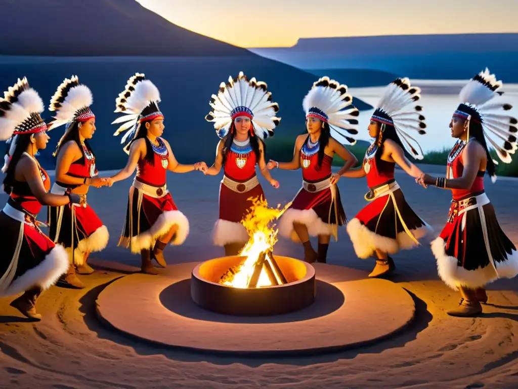 Una danza nativa americana alrededor de un círculo sagrado, con trajes vibrantes y plumas, mientras el sol ilumina la escena