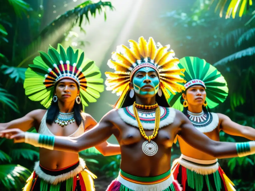 Danza ritual de indígenas en la selva de América Latina, ataviados con trajes vibrantes y expresiones reverentes