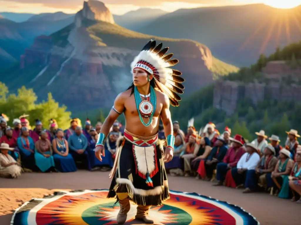 Danza sagrada de nativos americanos en vibrante ceremonia al atardecer entre montañas