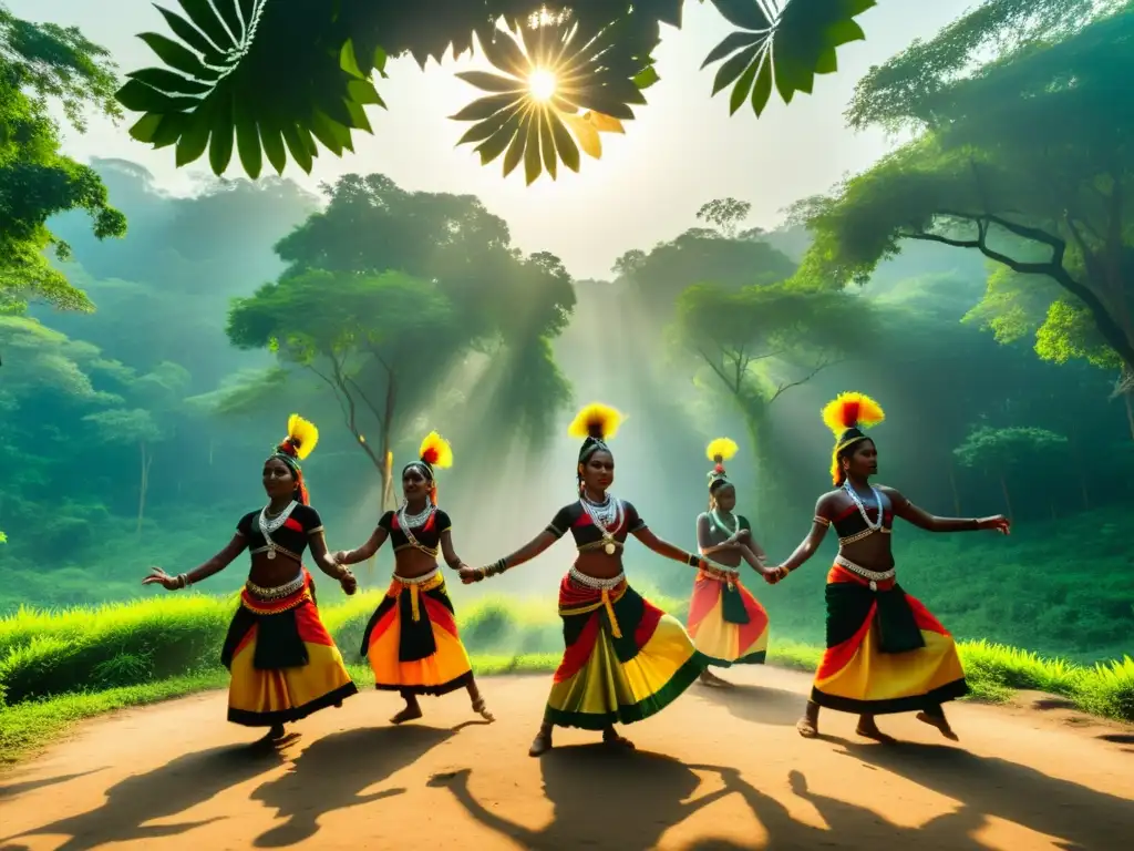 Danza tribal Karma en Jharkhand: bailarines con trajes tradicionales realizan movimientos fluidos en un bosque exuberante